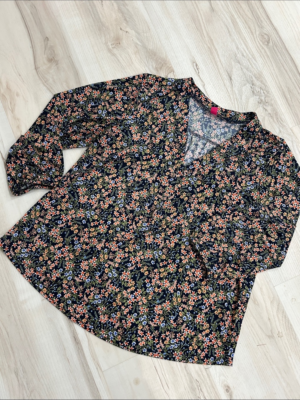 Vince Camuto Black Blouse with Coral & Blue Floral Print